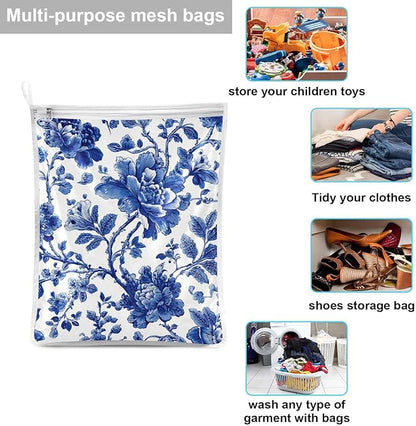 Mesh Laundry Bags Lingerie Bags for Washing Delicates 2 PCS Durable Wash Bag with Zipper Small and Medium Washable Blue and White Flowers Leaves