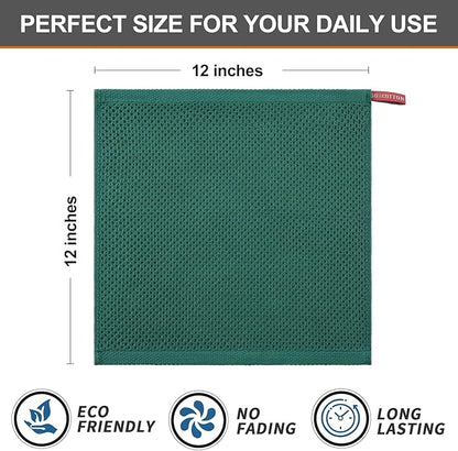 Kitinjoy 100% Cotton Kitchen Dish Cloths (12 X 12 Inches, Dark Green), 8 Pack Waffle Weave Ultra Soft Absorbent Dish Towels for Drying Dishes Quick Drying Kitchen Towels Dish Rags
