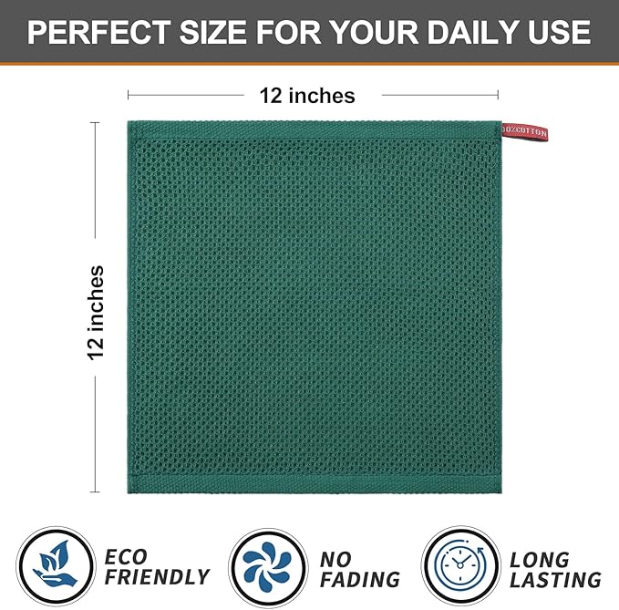 Kitinjoy 100% Cotton Kitchen Dish Cloths (12 X 12 Inches, Dark Green), 12 Pack Waffle Weave Ultra Soft Absorbent Dish Towels for Drying Dishes Quick Drying Kitchen Towels Dish Rags