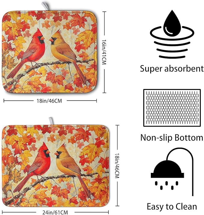 Fall Dish Drying Mats for Kitchen Counter Maple Leaf Cardinal Birds Dish Draining Mat 16x18 Inch Autumn Thanksgiving Dish Rack Mat Microfiber Absorbent Dish Drainer Pad
