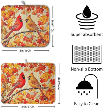 Fall Dish Drying Mats for Kitchen Counter Maple Leaf Cardinal Birds Dish Draining Mat 18x24 Inch Autumn Thanksgiving Dish Rack Mat Microfiber Absorbent Dish Drainer Pad