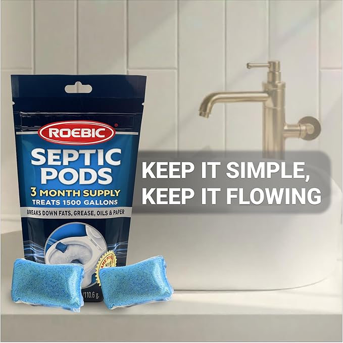 Roebic Septic Tank Treatment Pods, 3 Month Supply of Easy Flush Dissolvable Packets, Bacterial Enzyme Formula for Clog Prevention, Odor Control, Treats 1500 Gallons, 3 Pods