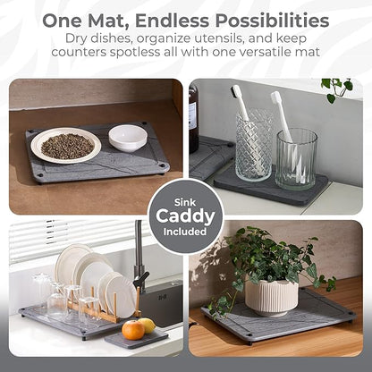 Stone Drying Mat for Kitchen Counter + Sink Caddy | 15.7"x11.8" Diatomaceous Earth Drying Mat with Stainless Steel Feet | Heat Resistant to 450°F | Eco-Friendly & Multipurpose Drying Mat- Dark Grey