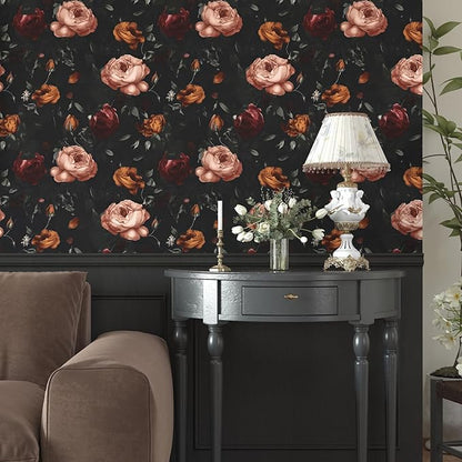 Dark Floral Wallpaper Peel and Stick, Black Vintage Orange/Pink Rose Contact Paper, Waterproof Self Adhesive Flower Boho Wall Paper for Bedroom Bathroom Walls Bookcase Shelf Table Drawer 17.5 x 118in