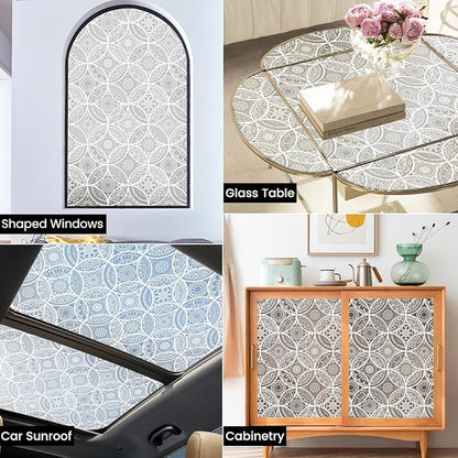 DKTIE Bohemian Decor Stained Glass Window Film with Installation Tools, Two-Way Window Privacy Film, Reduce Glare, Pure White, 17.7 x 118.1 Inch