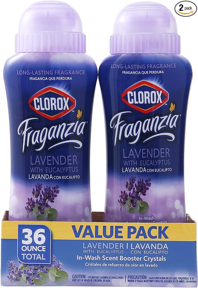 Clorox Fraganzia Laundry Scent Booster Crystals, In-Wash Fragrance Beads for Fresh-Smelling Clothes & Linens, Safe for All Fabrics & Colors, Lavender with Eucalyptus, 18 Oz, 2 Pack