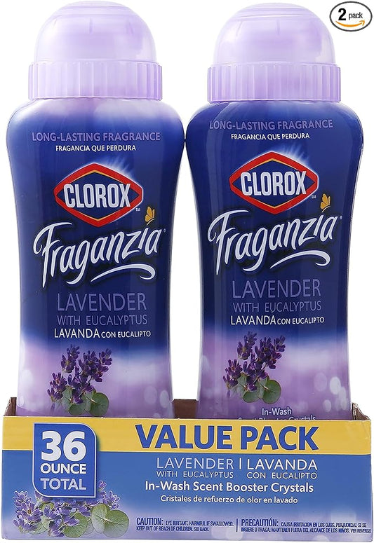 Clorox Fraganzia Laundry Scent Booster Crystals, In-Wash Fragrance Beads for Fresh-Smelling Clothes & Linens, Safe for All Fabrics & Colors, Lavender with Eucalyptus, 18 Oz, 2 Pack