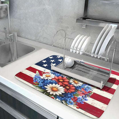 4th of July Patriotic Flower Dish Drying Mat for Kitchen Counter,American Flag Independence Day Drying Mat 18 x 24 Inch with High Absorbent Microfiber Drainer Mat for Coffee Bar