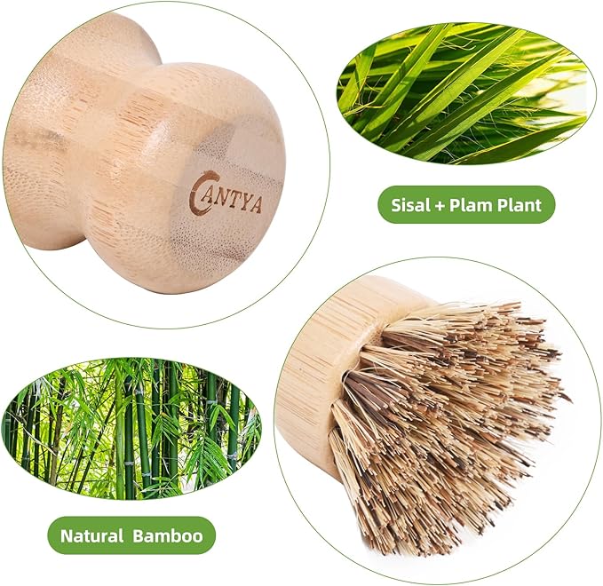 6 Packs Bamboo Dish Brush - Kitchen Scrub Brush, Natural Union Fiber and Tampico Fiber Dish Scrubber for Washing Cast Iron Pan/Pot(Hard Bristle)
