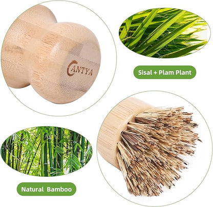 6 Packs Bamboo Dish Brush - Kitchen Scrub Brush, Natural Union Fiber and Tampico Fiber Dish Scrubber for Washing Cast Iron Pan/Pot(Hard Bristle)