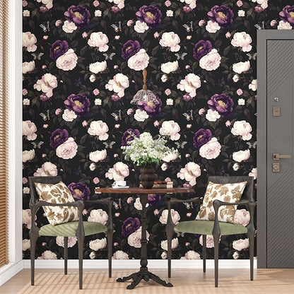 Dark Purple Floral Peelable Wallpaper, Vintage Black Botanical Flower Self Adhesive Removable Wall Paper for Bedroom Cabinet Drawer, Vinyl Retro Contact Paper Black Dark Purple 17.5In x 118In