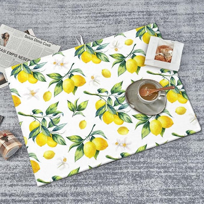 Tropical Lemon Leaves Dish Drying Mat, Highly Absorbent Microfiber Kitchen Counter Pad Reusable Washable, 18*24"