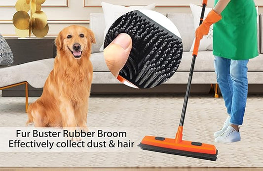 JEHONN Rubber Broom Carpet Rake for Pet Hair Remover, Fur Removal with Squeegee, Portable Detailing Brush Brush, 52.8 Inches Telescopic Long Handle for Fluff Carpet