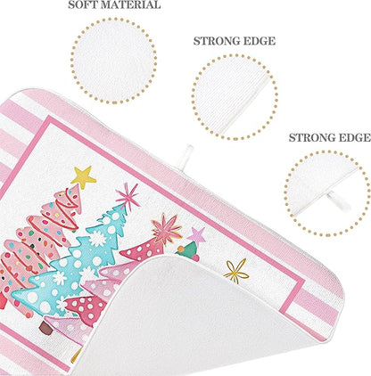 Christmas Dish Drying Mats 18x24 Inch Stripes Watercolor Pink Christmas Trees Star Drying Mats Xmas Winter Holiday Kitchen Decor Absorbent Drying Dish Pad for Kitchen Dining Room Counter