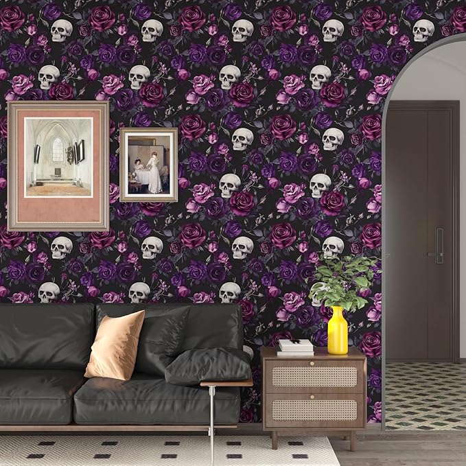Fvlow Black Floral Wallpaper Peel and Stick 17.4" x 393" Gothic Floral Vintage Sugar Skull Contact Paper Removable Self Adhesive Waterproof Covering for Cabinet Drawers Home Decor