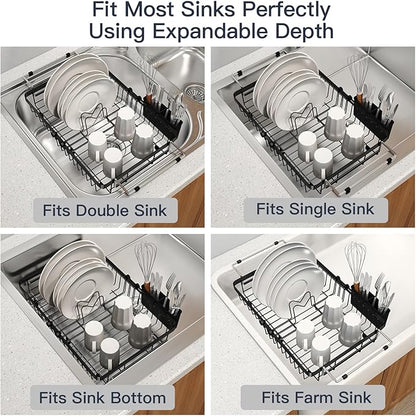 MAJALiS Expandable Stainless Steel Over The Sink Dish Drying Rack for Small Kitchen Counter Space Saving, Compact RV Plate Drainer Strainer in Black Wire Metal with Hanging Adjustable Utensil Holder