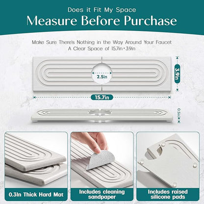 Eormoe Kitchen Sink Faucet Mat - 15.7in Diatomite Sink Protectors for Kitchen Sink, Stone Sink Splash Guard for Kitchen Counter Sink Accessories (Light Grey, 15.7'' x 3.9'')