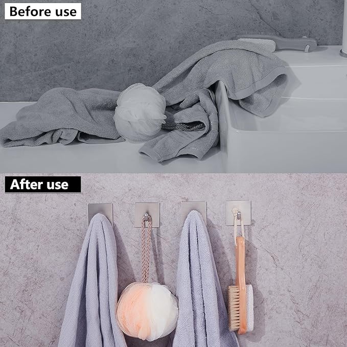 FOMANSH Heavy Duty Adhesive Hooks, Stick on Wall Adhesive Hangers, Strong Stainless Steel Holder, Self Adhesive Hooks for Kitchen Bathroom Home Door Towel Coat Key Robe 6 Packs Silver
