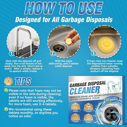 Yeardera Garbage Disposal Cleaner and Deodorizer Tablets - 50 Count (1-Year Supply), Powerful Foaming Sink Cleaner, Quickly Eliminates Odors (49, Tablet)