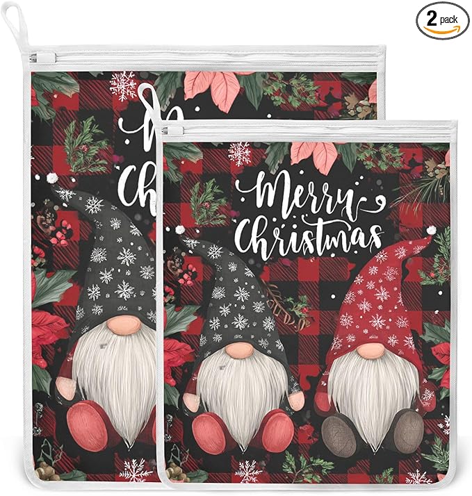 Mesh Laundry Bags Lingerie Bags for Washing Delicates 2 PCS Durable Wash Bag with Zipper Small and Medium Washable Red Black Checkered Christmas Gnomes Holly