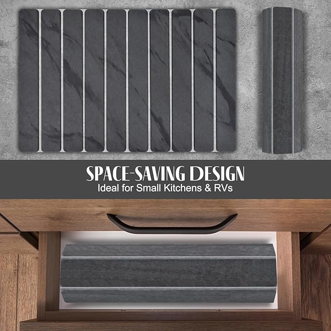 2 PCS Large Stone Dish Drying Mat for Kitchen Counter, 24"×16" Marble Dish Drying Mat with 8"x 4" Coasters, Non - Slip Collapsible Absorbent Mat for Multi - Purpose, Match Any Countertop【Dark Gary】