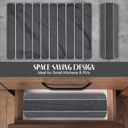 2 PCS Large Stone Dish Drying Mat for Kitchen Counter, 24"×16" Marble Dish Drying Mat with 8"x 4" Coasters, Non - Slip Collapsible Absorbent Mat for Multi - Purpose, Match Any Countertop【Dark Gary】