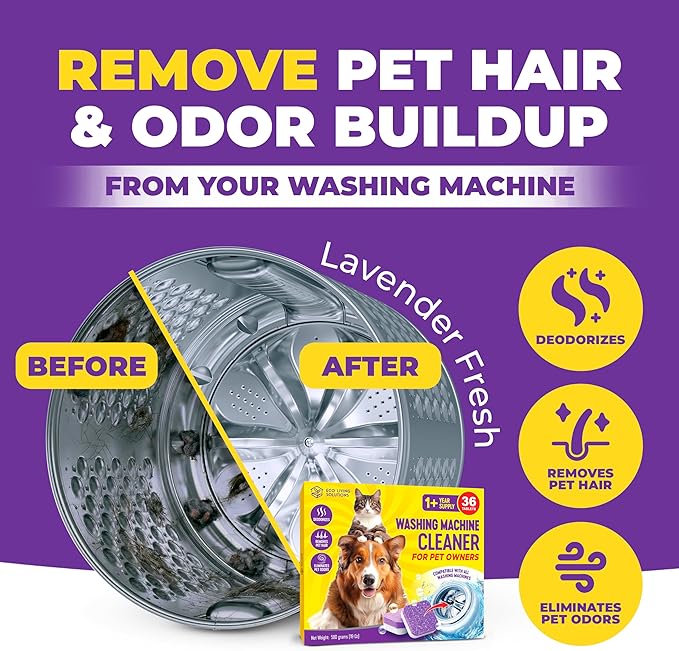 Washing Machine Cleaner Tablets for Pet Owners, 36 Pack, Front&Top Load Washer Deep Cleaning, HE & Septic Tank Safe, Remove Pet Hair, Eliminates Smells, Prevents Dander Build-up