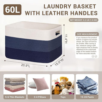 60L Laundry Basket with Leather Handles for Living Room Storage, Woven Rope Baskets Bin for Blanket, Kids Toy, Gifts, Wicker Hamper for Bedroom Dirty Clothes,Gradient Blue