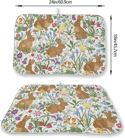 Spring Dish Drying Mat 18x24 Inch Easter Rabbit Bunny Floral Drying Mat Sage Green Wildflower Holiday Absorbent Dish Drying Pad Dish Rack Drainer Mats for Kitchen Dining Counter