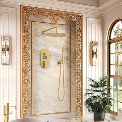 Round Shower Faucet Set with Hydro Power Temperature Display, Shower System Bathroom 12 Inch Shower Head with Handheld Spray, Wall Mounted Shower Fixtures with Shower Valve and Trim Kit, Brushed Gold