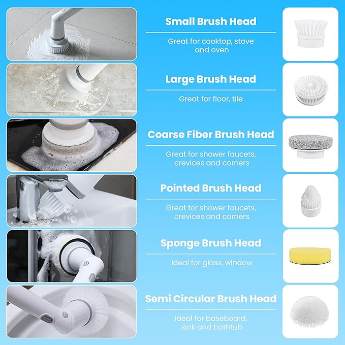 Moclever Electric Spin Scrubber – Cordless, Rechargeable, 400RPM Powerful Cleaning Brush with 6 Replaceable Heads, 2-Speed Adjustment & Extendable Handle for Bathroom, Tile, and Grout