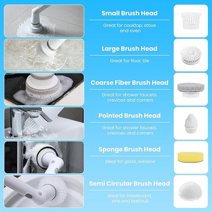 Moclever Electric Spin Scrubber – Cordless, Rechargeable, 400RPM Powerful Cleaning Brush with 6 Replaceable Heads, 2-Speed Adjustment & Extendable Handle for Bathroom, Tile, and Grout