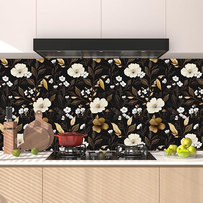 Fvlow Dark Floral Wallpaper Peel and Stick 17.4" x 394", Vintage Golden Contact Paper Waterproof Moody Self Adhesive Covering for Bedroom Cabinet Bathroom, Retro Flower Pattern Design Wall Decor Black