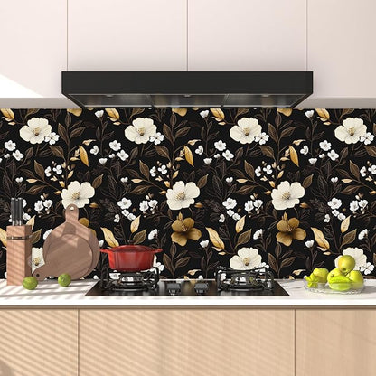 Fvlow Dark Floral Wallpaper Peel and Stick 17.4" x 394", Vintage Golden Contact Paper Waterproof Moody Self Adhesive Covering for Bedroom Cabinet Bathroom, Retro Flower Pattern Design Wall Decor Black