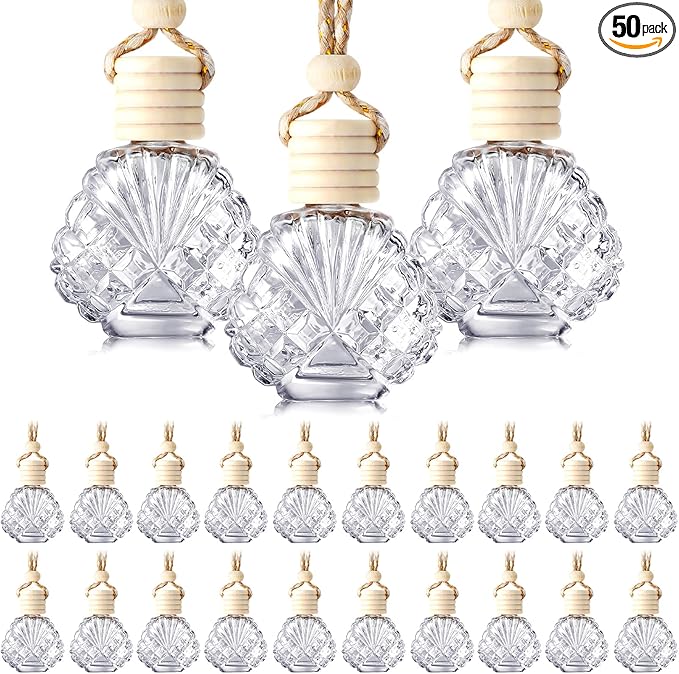 BBTO 50 Pcs Hanging Car Air Freshener Car Diffuser Bottles Empty Glass Perfume Bottle Freshener Diffuser Bottle Pendant for Essential Oil Fragrance Aromatherapy Ornament(Shell)