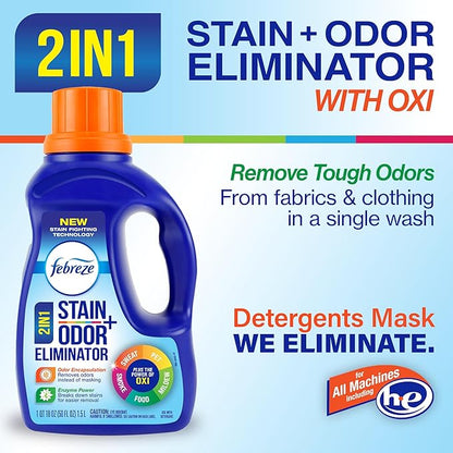 Febreze Laundry Detergent Additive, Original Strength In Wash Odor Eliminator, Designed to Remove Odors in a Single Wash Caused by Sweat, Food, Smoke, Fresh Scent, 50 fl oz (2 Pack)