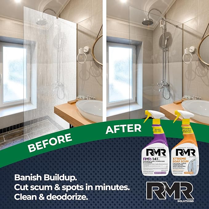 RMR Polish & Protect Bundle – Xtreme Soap Scum Remover + RMR-141 EPA Registered Mold & Mildew Spray, 2-Step Clean & Disinfect System for Buildup, Hard Water, Tile, Surfaces, Glass, 2–32 Oz Bottles