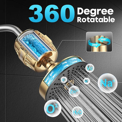 Filtered Shower Head COMBO – for Healthier Skin & Hair | 3 Mode High Pressure Shower Heads with 25-Stage Filtration | Removes 99.947% Chlorine & Heavy Metals | Shower Head ith Filters Set- Golden