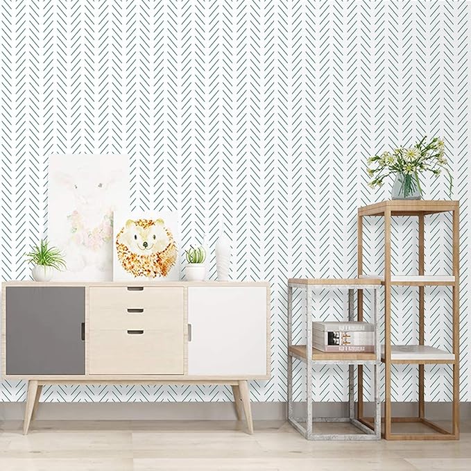 Erfoni Green and White Peel and Stick Wallpaper Herringbone Contact Paper for Bathroom 17.7inch x 118.1inch Modern Geometric Removable Wallpaper Peel and Stick Line Self Adhesive Contact Paper