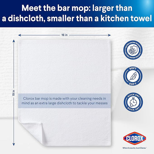 CLOROX Ribbed Bar Mops - 100% Cotton Quick Dry Extra Large Dishcloths - Absorbent Multipurpose Cleaning Cloths for Restaurants, Kitchen, Bathroom, Hotel - 16" x 19" - White 3 Pack