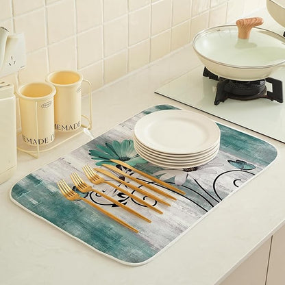 Rustic Daisy Floral Dish Drying Mats 18x24 Inches for Kitchen Counter Vintage Teal Blue Kitchen Decorations Drying Mats Seasonal Outdoor Decor Mat Drying Pad for Office Dining Room Decor