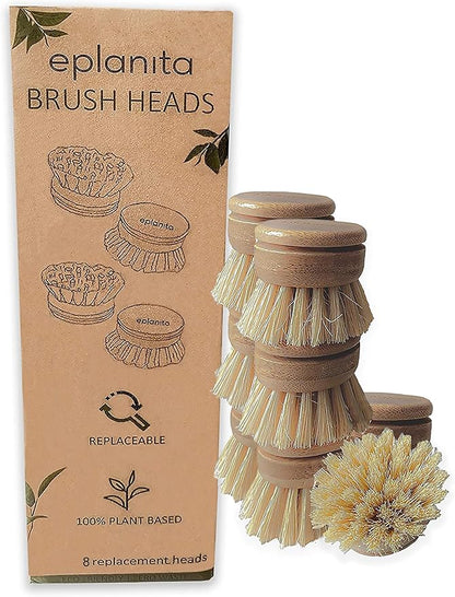eplanita Replacement Brush Heads (Pack of 8) for Bamboo Dish Brush, Sisal Bristle Refills, Agave Cactus Fibres, Kitchen Eco Scrubber, Plastic Free Washing Up, Zero Waste Cleaning