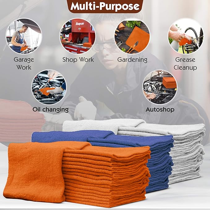 Nabob Wipers Auto Mechanic Shop Towels 100 Pack Bulk Rags 100% Cotton Commercial Grade Shop Rags Size 14"x14" (100 Pack, Orange)