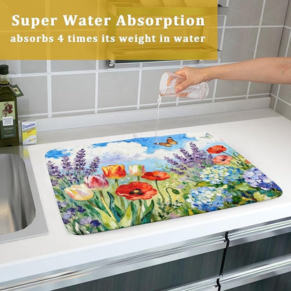 Spring Floral Dish Drying Mat for Kitchen Counter 18x24 Green Purple Blue Flower Butterfly Summer Absorbent Reversible Microfiber Seasonal Drying Mats Kitchen Countertop Protector Dishes Drainer Pad