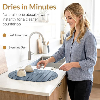 Stone Dish Drying Mat for Kitchen Counter, Quick Dry Diatomaceous Earth Drying Mat, Foldable Absorbent Stone Drying Pad, 2 PCS 24" × 16" & 8" × 4" for Dishes, Cups, Bottles & Utensils (Dark Gray)