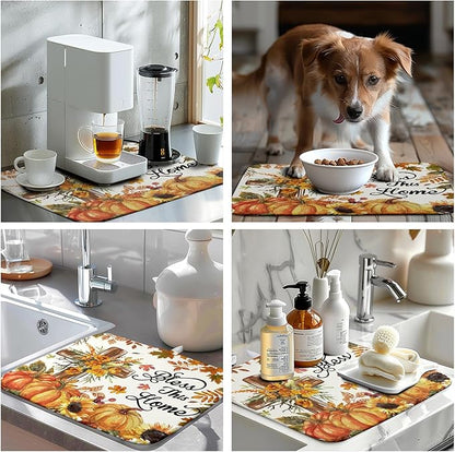 Fall Drying Mat for Kitchen Counter Autumn Thanksgiving Pumpkin Cross Dish Mat Sunflower Maple Leaf Absorbent Microfiber Dish Draining Mat Reusable Dishes Pad Medium 16"x18"