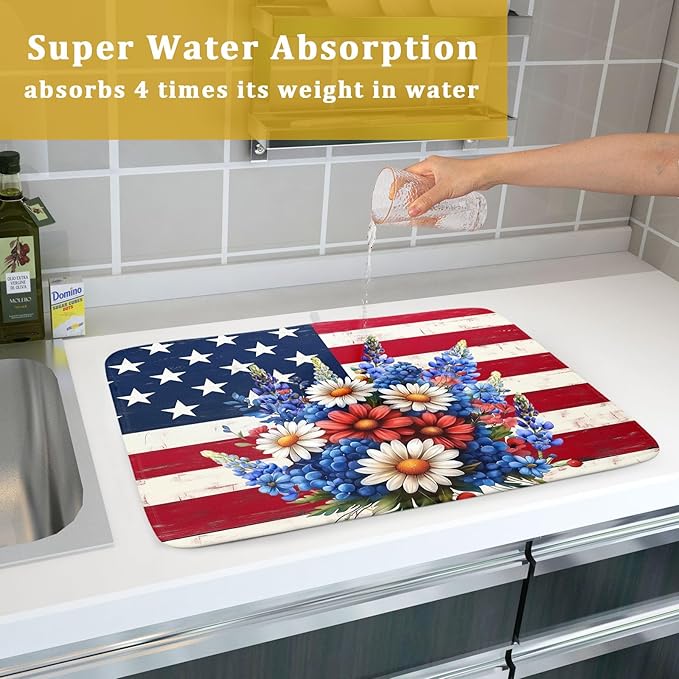 4th of July Patriotic Flower Dish Drying Mat for Kitchen Counter,American Flag Independence Day Drying Mat 18 x 24 Inch with High Absorbent Microfiber Drainer Mat for Coffee Bar