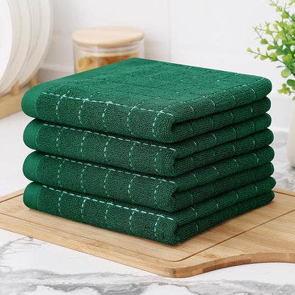 Homaxy 100% Cotton Terry Kitchen Towels(Dark Green, 13 x 28 inches), Checkered Designed, Soft and Super Absorbent Dish Towels, 4 Pack