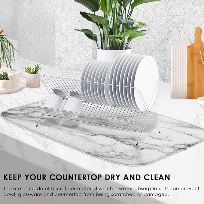 Sanwarm Absorbent Dish Drying Mat, Marble Gray Stone Paint Microfiber Pad for Kitchen Counter, Coffee Bar Decor, Heat Resistant and Reversible, 18" x 24"