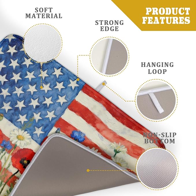 Patriotic American Flag Dish Drying Mat for Kitchen Counter 18x24 4th of July Red Blue White Floral Rustic Absorbent Reversible Microfiber Drying Mats Kitchen Countertop Protector Dishes Drainer Pad